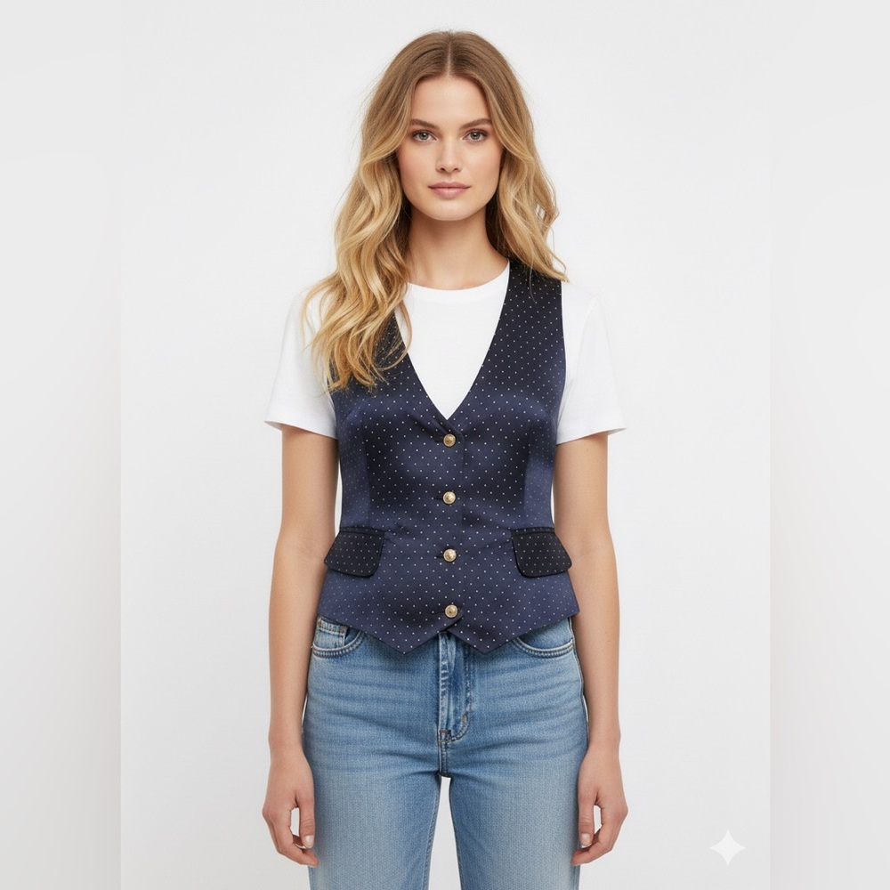 Navy Blue and gold Dot Vest with Gold Buttons